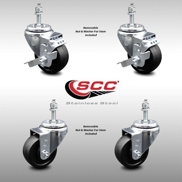 Service Caster 3 Inch SS Soft Rubber Wheel Swivel 3/8 Inch Threaded Stem Caster Brake SCC, 2PK SCC-SSTS20S314-SRS-381615-2-TLB-2 - main
